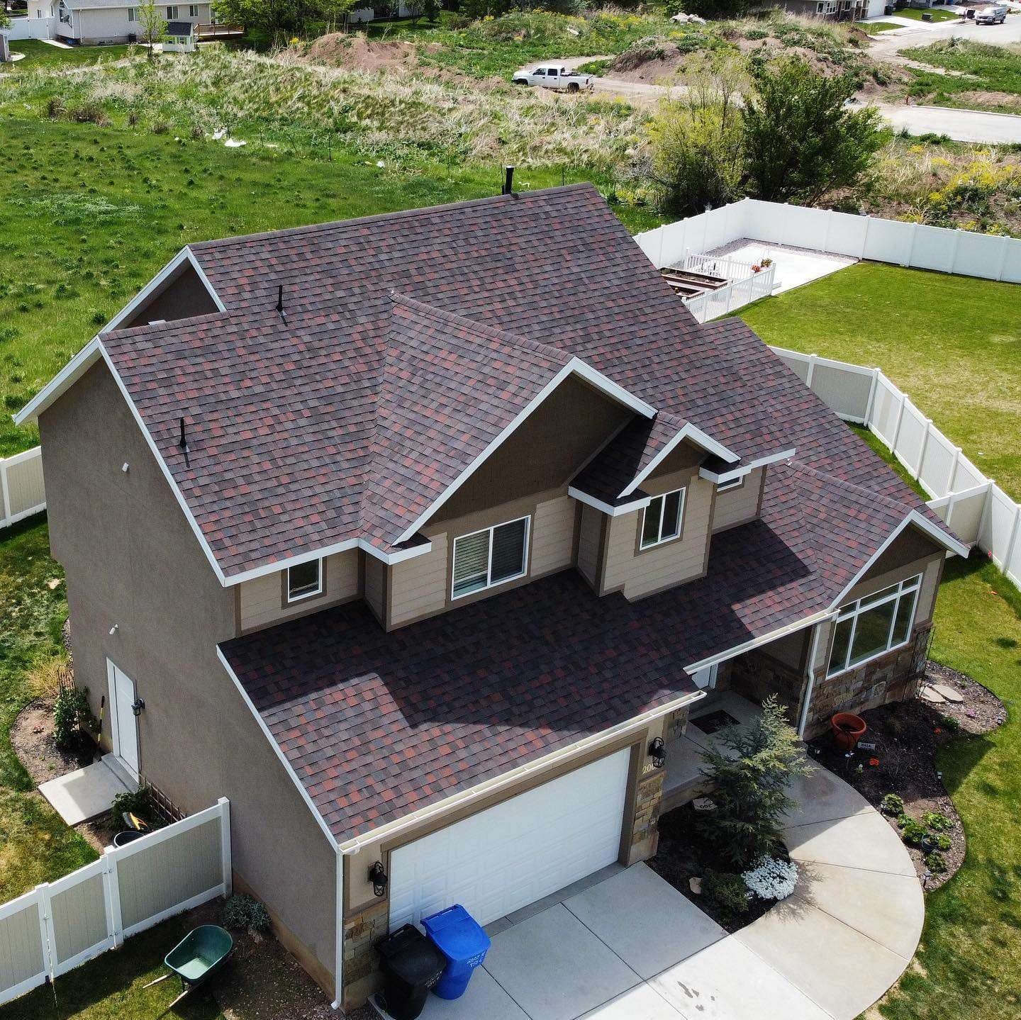 Aerial view of a new Redline Roofing roof