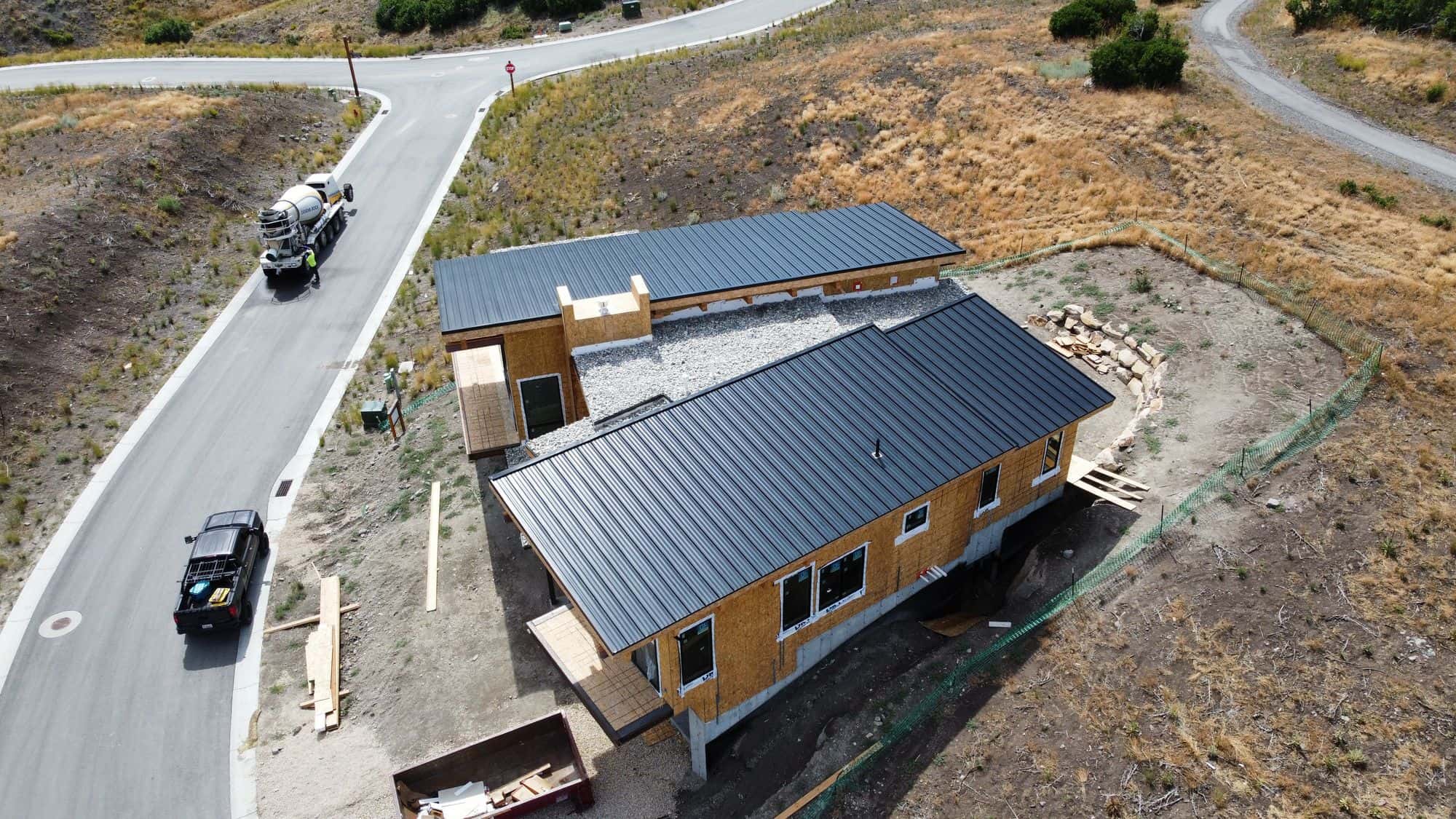 Aerial view of a standing-seam metal roof installed by Redline Roofing in Northern Utah